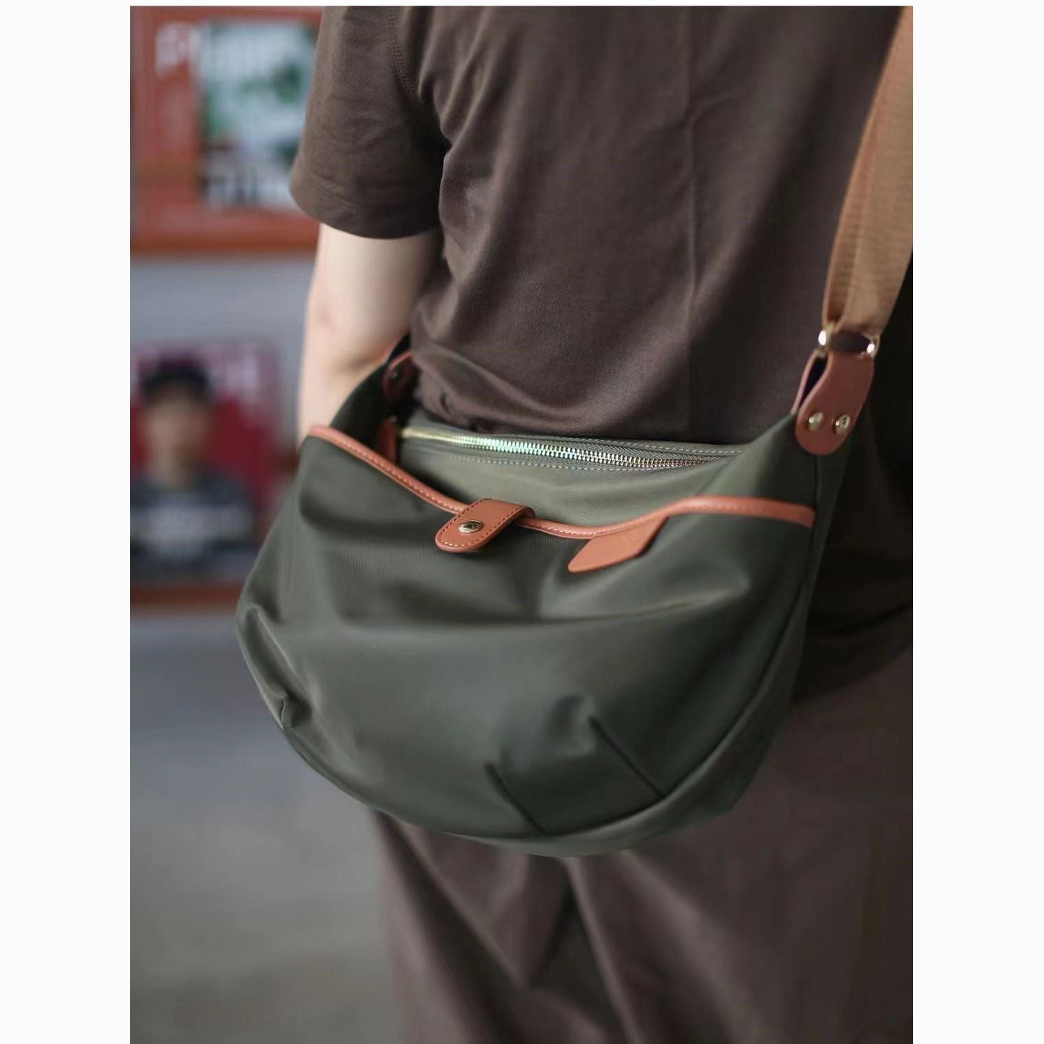 Nylon oxford cloth crossbody bag interior view - organized compartments