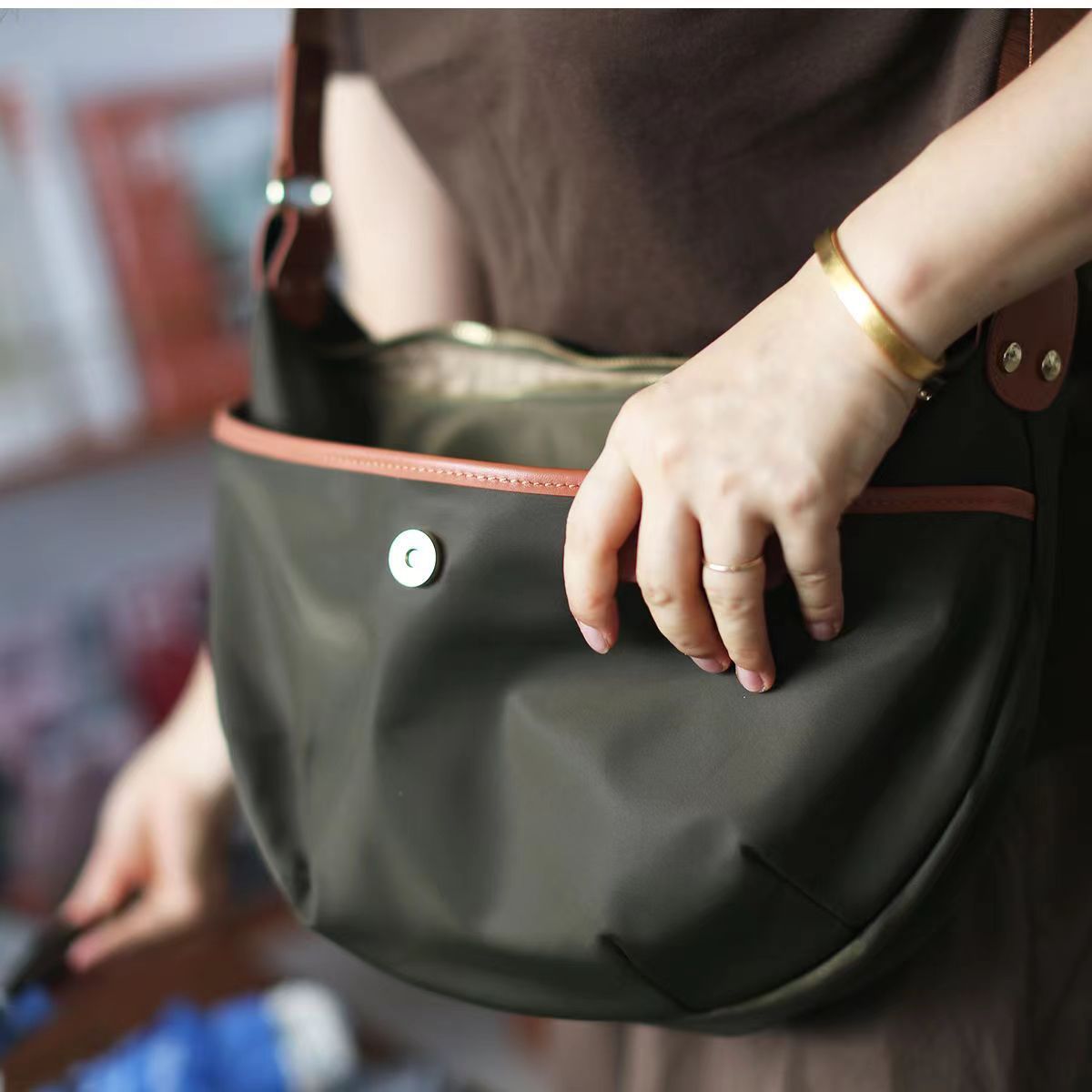 Nylon oxford cloth crossbody bag lifestyle - perfect for casual outings